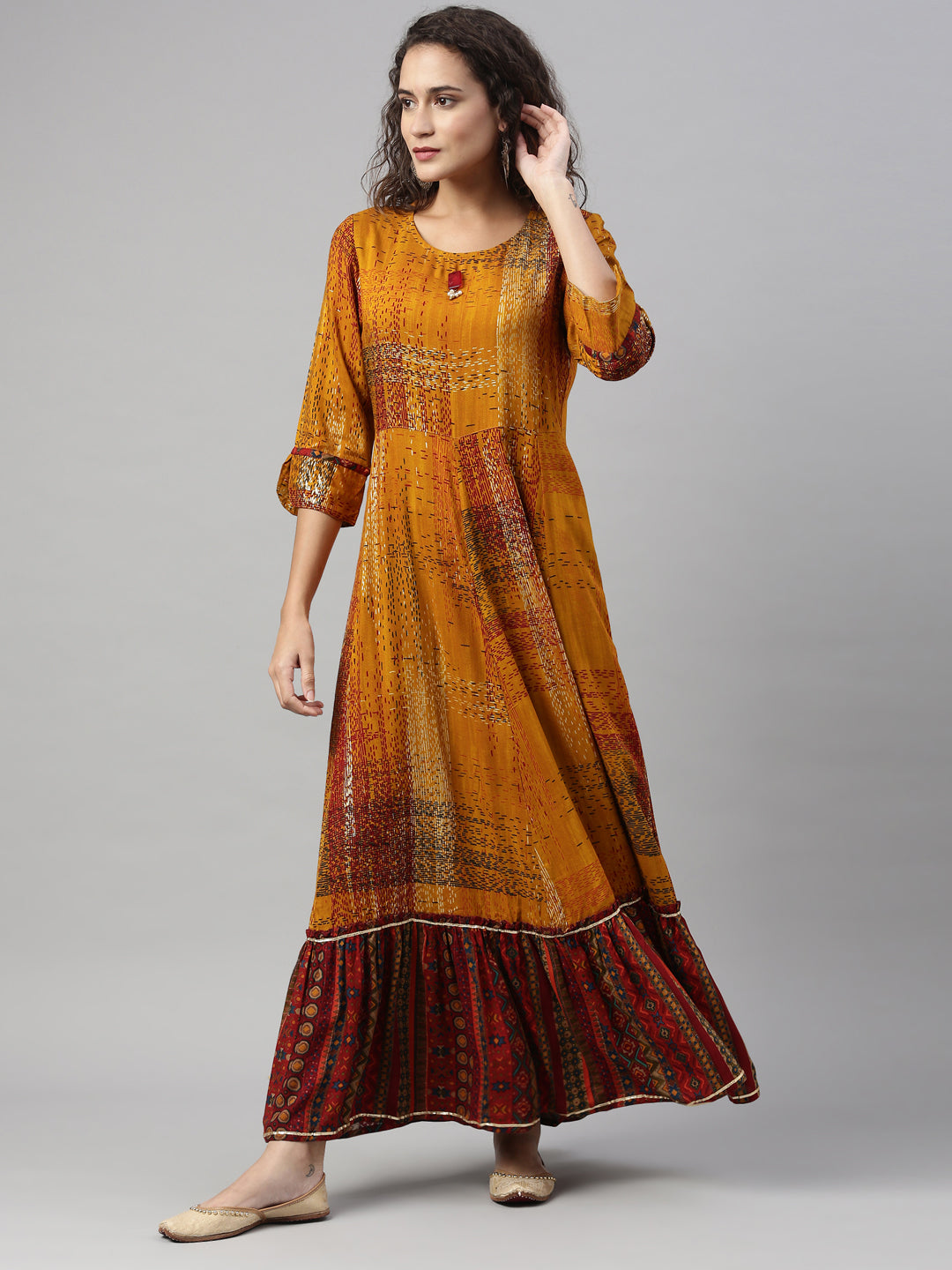 Neerus Women Mustard Printed&nbsp; Anarkali Kurta