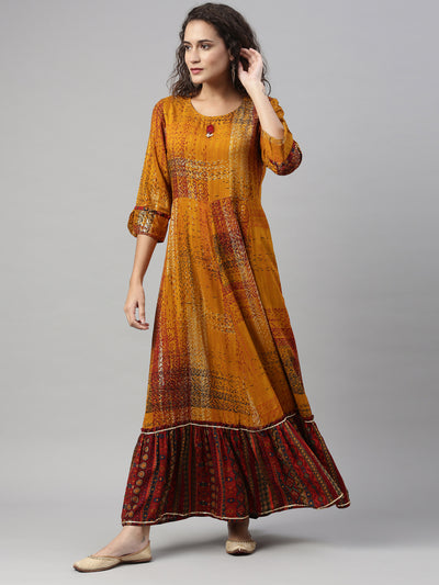 Neerus Women Mustard Printed&nbsp; Anarkali Kurta
