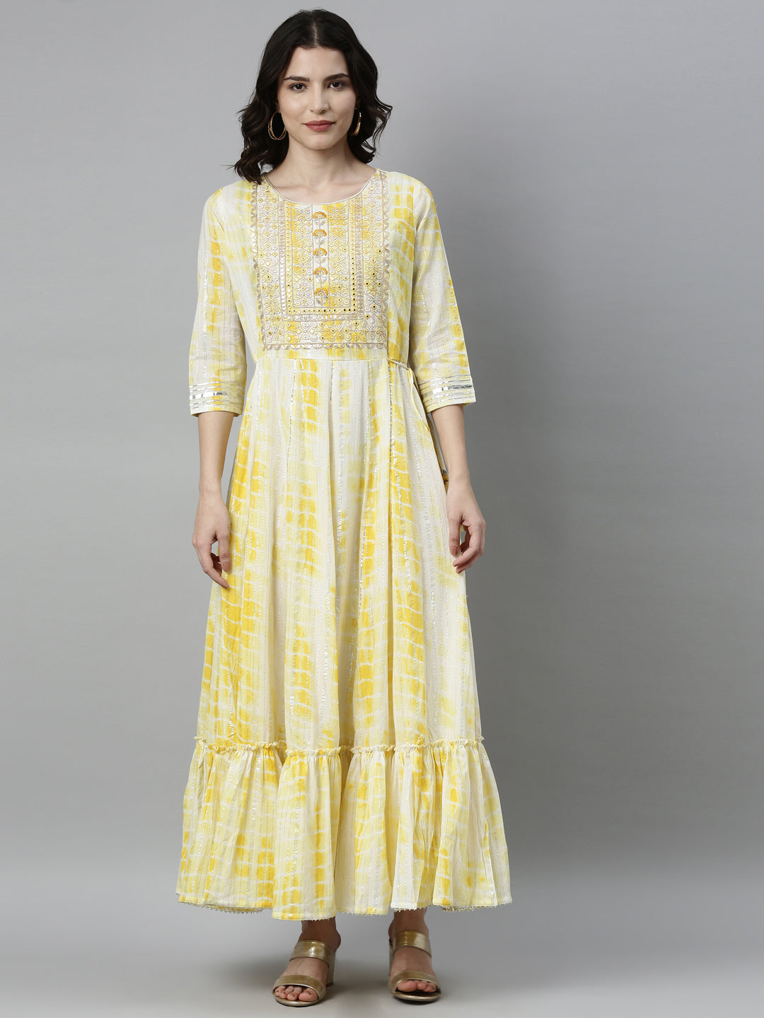 Neerus Yellow satin thread embroidered anarkali kurta - front view