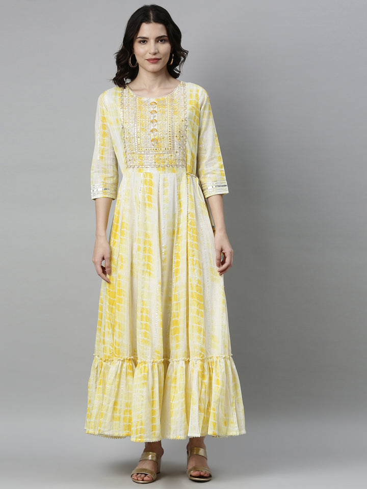 Neerus Yellow satin thread embroidered anarkali kurta - front view