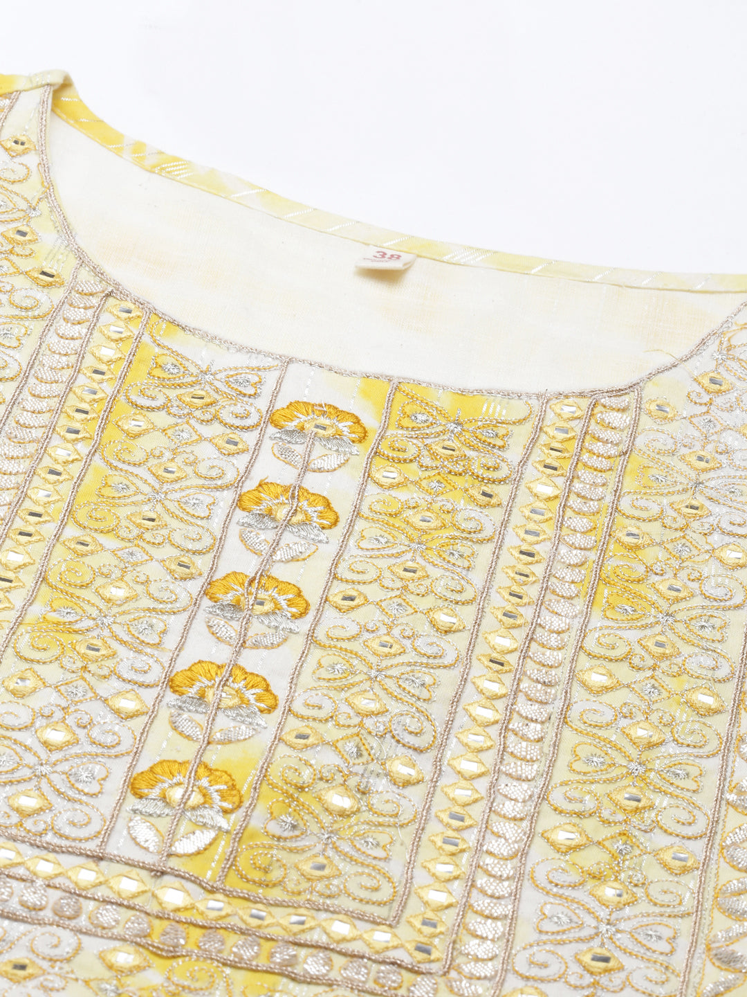 Neerus Yellow satin thread embroidered anarkali kurta - detail view 2
