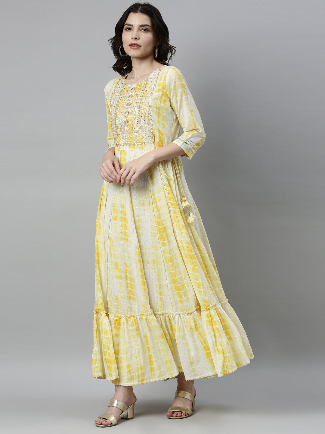 Neerus Yellow satin thread embroidered anarkali kurta - back view
