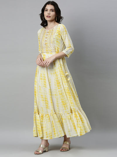 Neerus Women Yellow  White Dyed Thread Work Satin Anarkali Kurta
