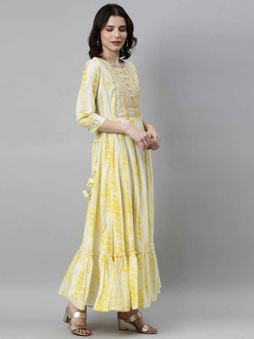 Neerus Yellow satin thread embroidered anarkali kurta - side view