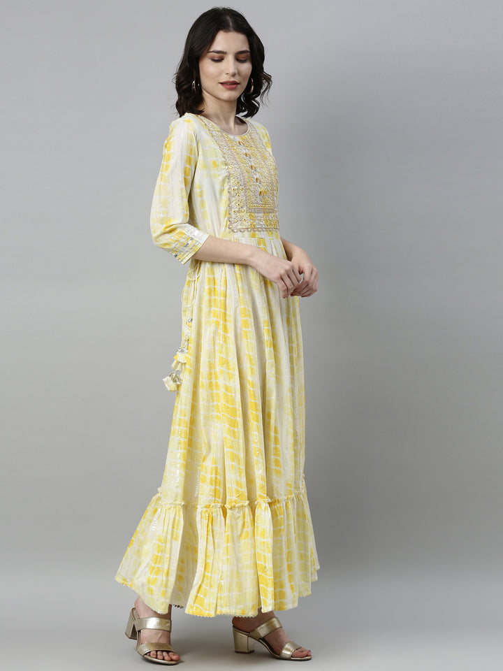 Neerus Yellow satin thread embroidered anarkali kurta - side view