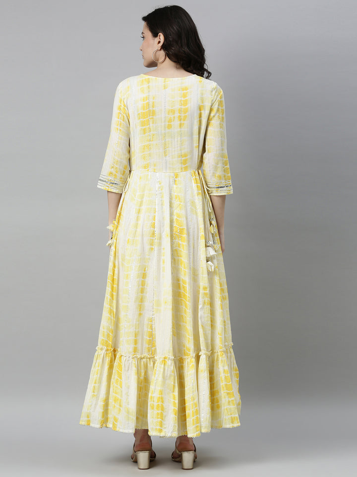 Neerus Yellow satin thread embroidered anarkali kurta - detail view 1