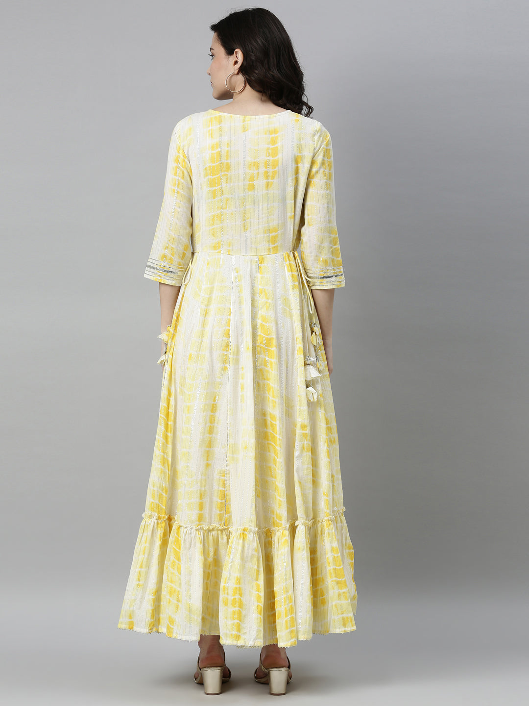 Neerus Women Yellow  White Dyed Thread Work Satin Anarkali Kurta