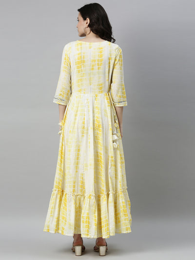 Neerus Women Yellow  White Dyed Thread Work Satin Anarkali Kurta