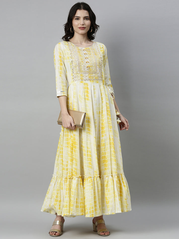 Neerus Yellow satin thread embroidered anarkali kurta - detail view 3