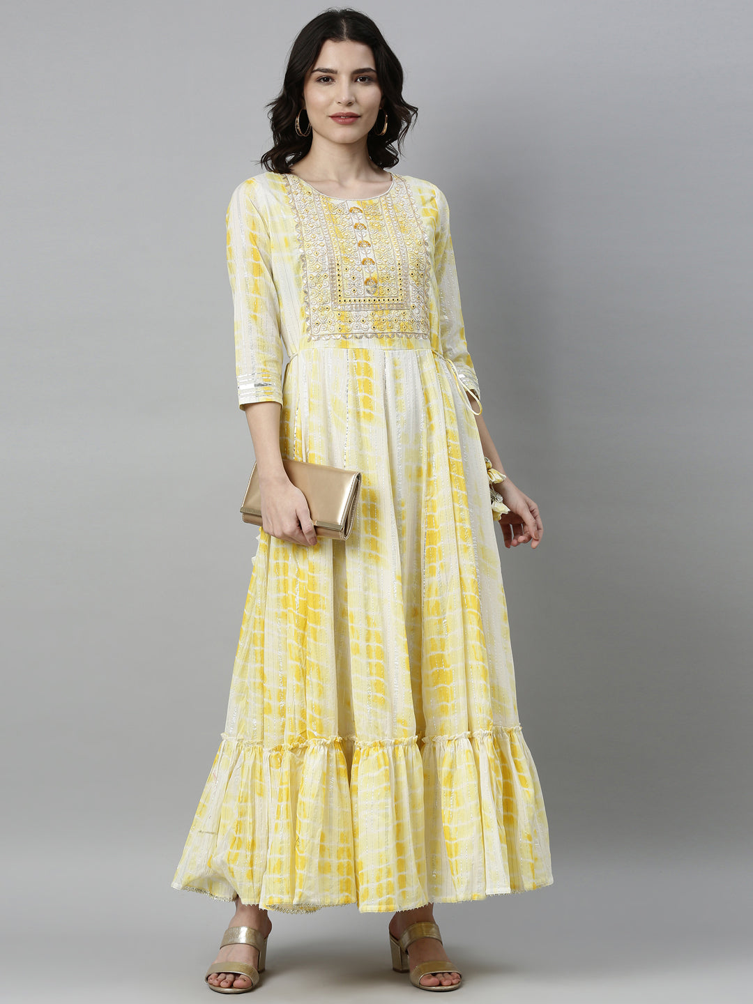 Neerus Women Yellow  White Dyed Thread Work Satin Anarkali Kurta