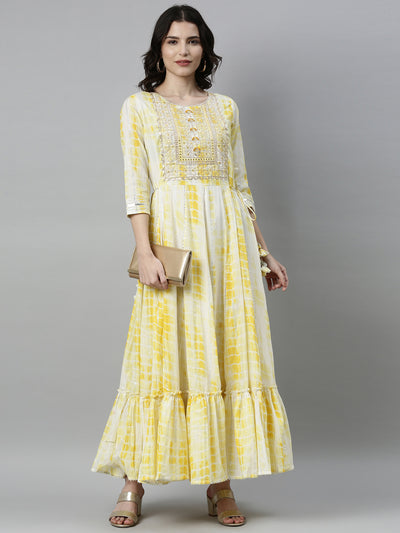 Neerus Women Yellow  White Dyed Thread Work Satin Anarkali Kurta