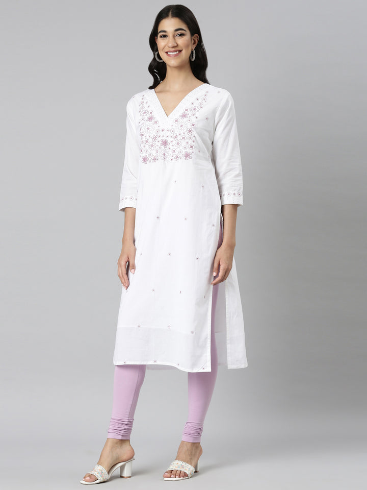 Neerus White Casual Solid Straight Kurtas
