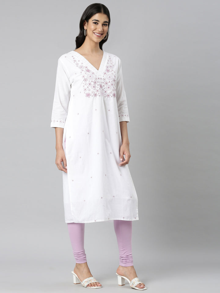 Neerus White Casual Solid Straight Kurtas