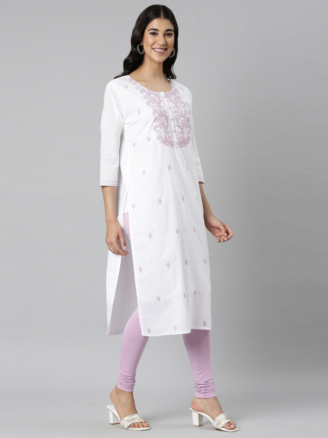 Neerus Lavender Casual Solid Straight Kurtas