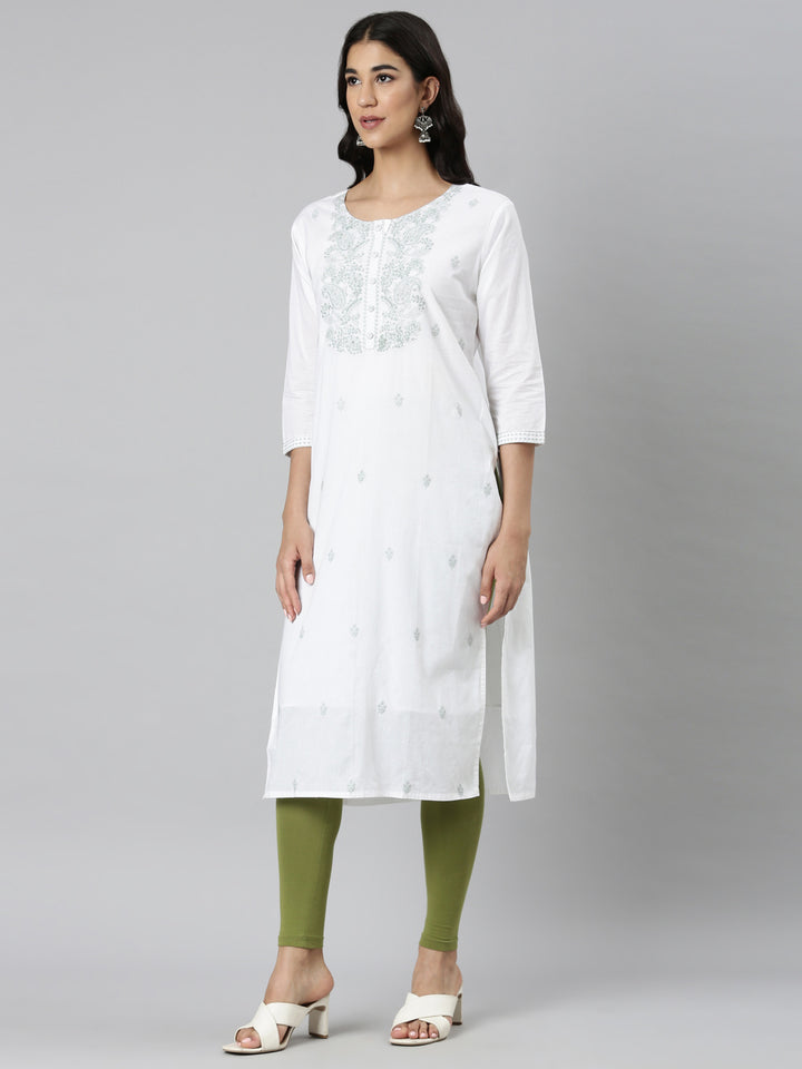 Neerus Green Casual Solid Straight Kurtas