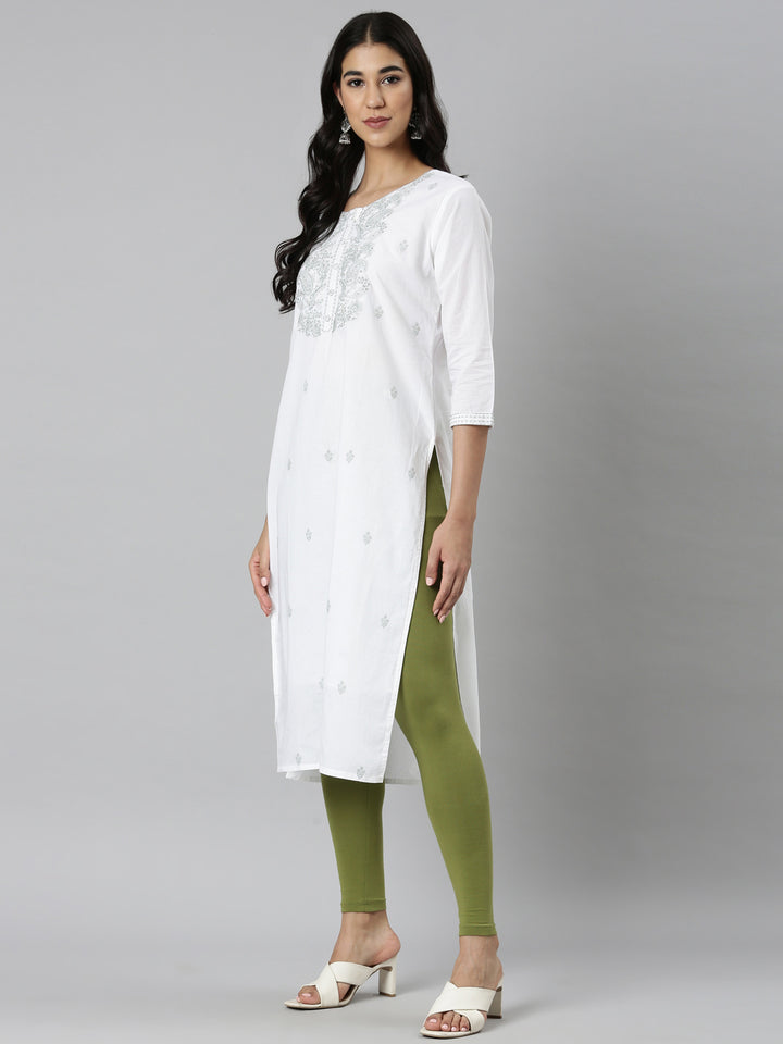 Neerus Green Casual Solid Straight Kurtas