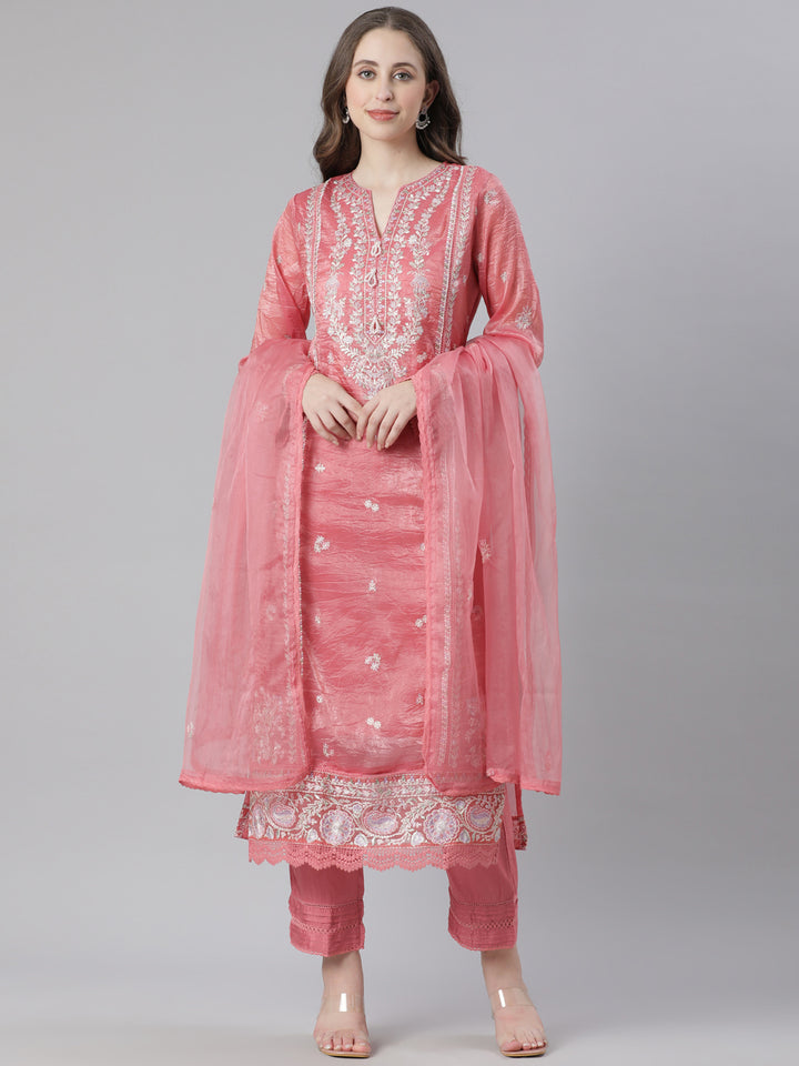 Neerus Orange Embroidered Straight Kurta and Trousers With Dupatta