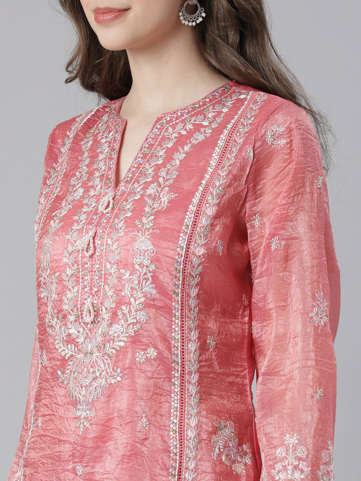 Neerus Orange Embroidered Straight Kurta and Trousers With Dupatta