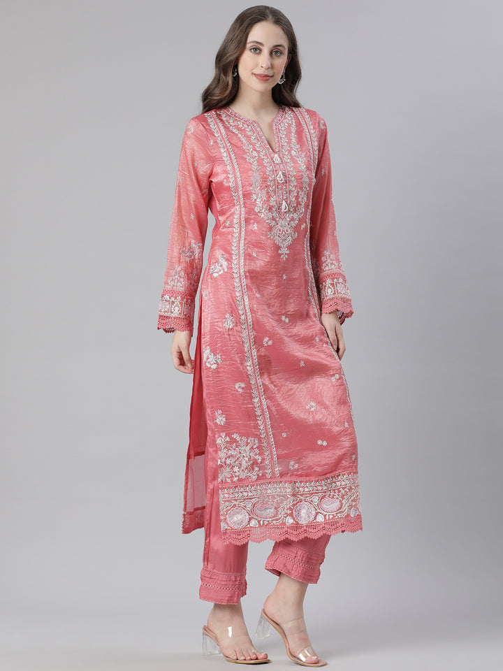 Neerus Orange Embroidered Straight Kurta and Trousers With Dupatta