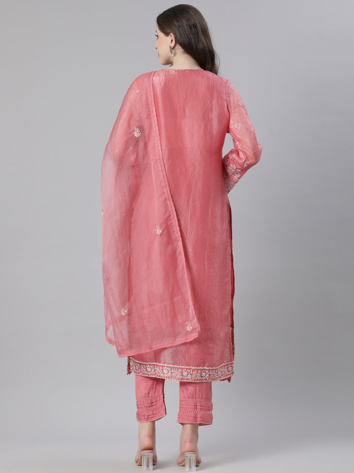 Neerus Orange Embroidered Straight Kurta and Trousers With Dupatta