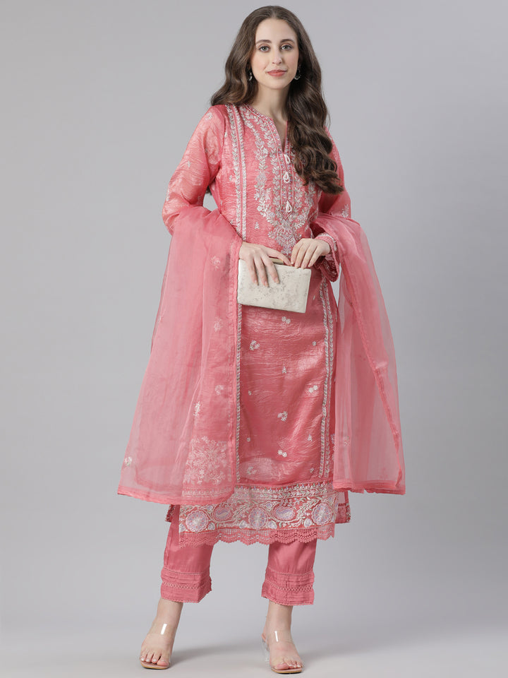 Neerus Orange Embroidered Straight Kurta and Trousers With Dupatta