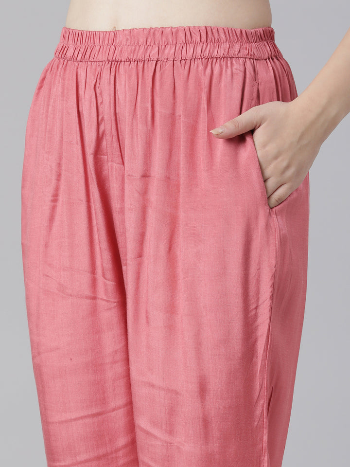 Neerus Orange Embroidered Straight Kurta and Trousers With Dupatta