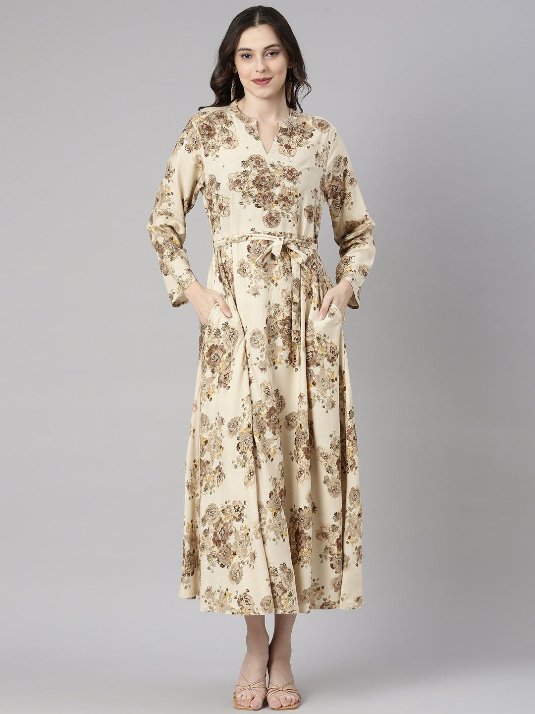 Neerus Beige Floral Printed Viscose Rayon Maxi Dress for Casual Women –  Neerus India