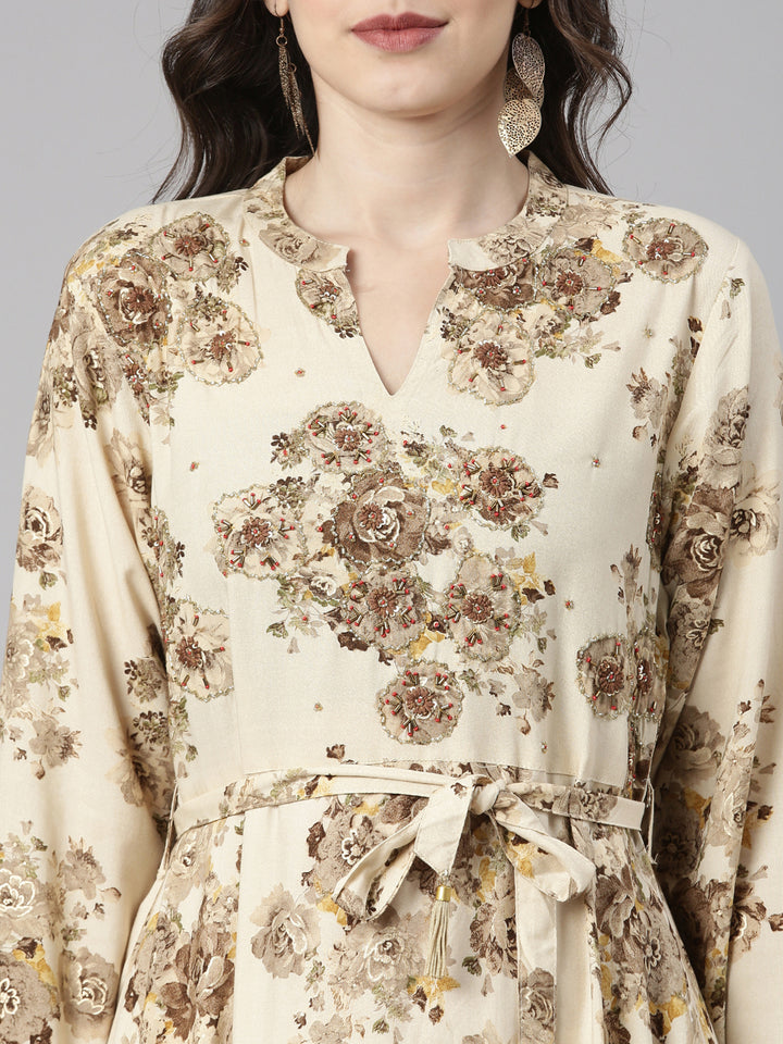 Neerus Cream Casual Maxi Floral Dresses