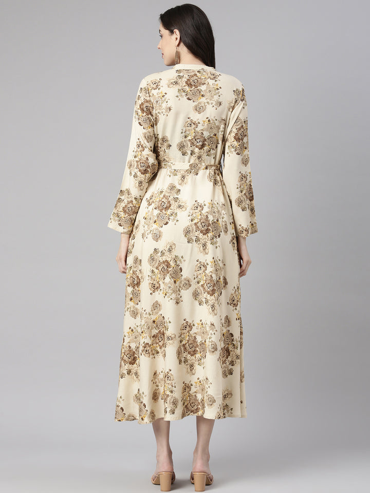 Neerus Cream Casual Maxi Floral Dresses