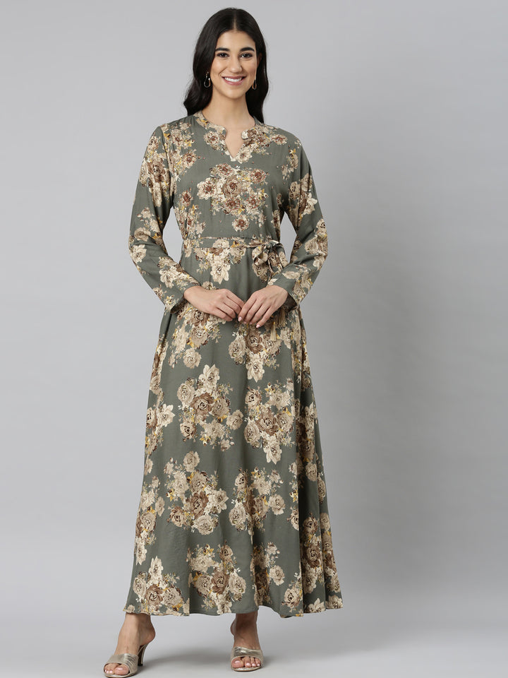 Neerus Grey Casual Maxi Floral Dresses