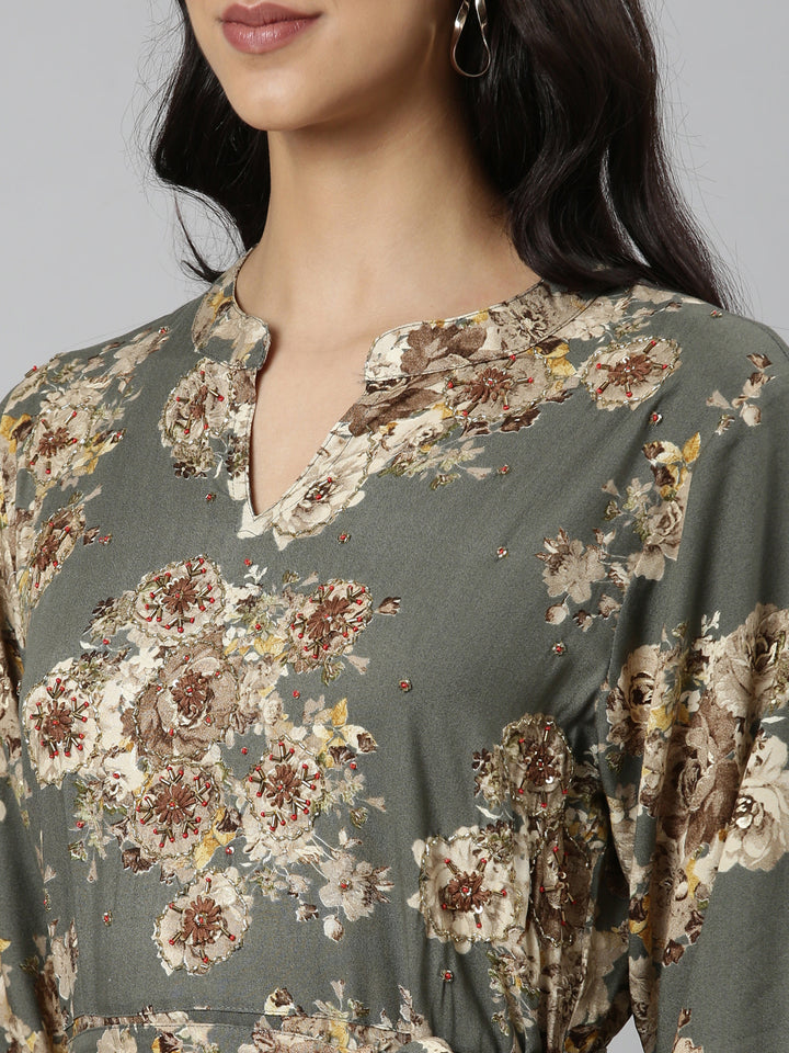 Neerus Grey Casual Maxi Floral Dresses