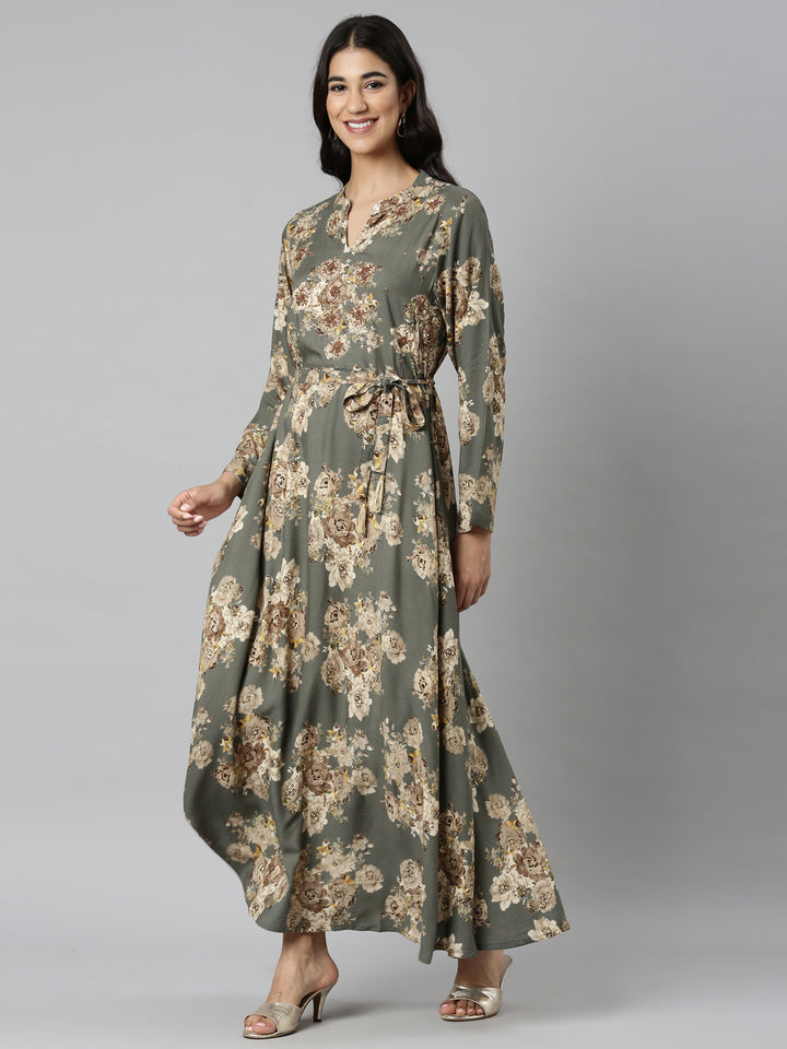 Neerus Grey Casual Maxi Floral Dresses