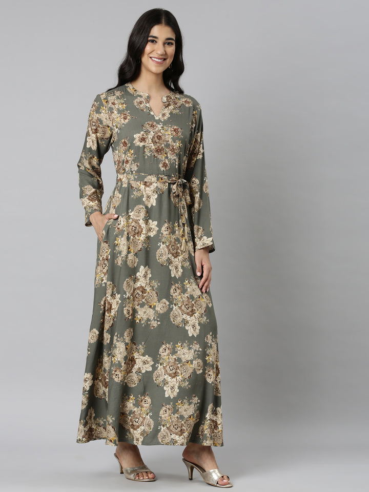 Neerus Grey Casual Maxi Floral Dresses