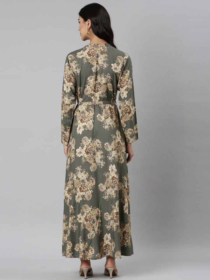 Neerus Grey Casual Maxi Floral Dresses