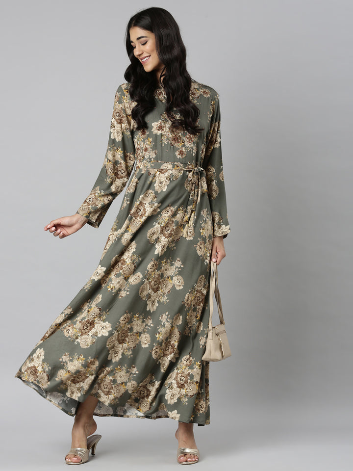 Neerus Grey Casual Maxi Floral Dresses