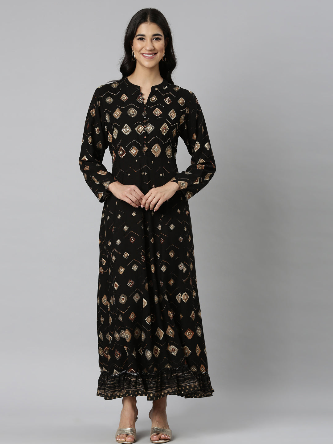 ethnic maxi dresses for women Neerus Black Ethnic Printed Viscose Rayon Maxi Dress for Casual Women –  Neerus India
