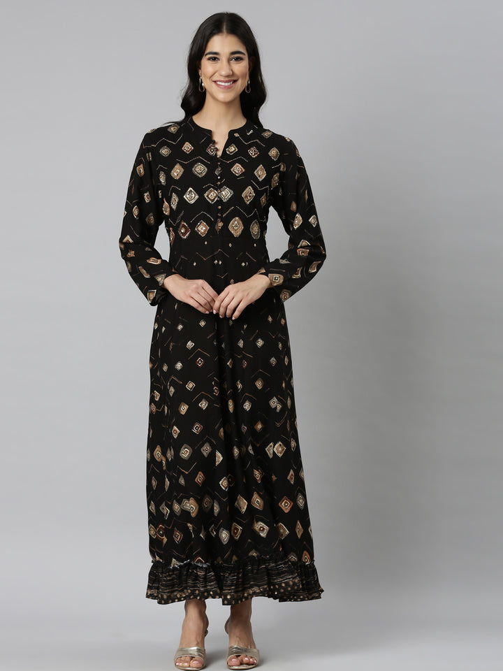 Neerus Black Casual Maxi Ethnic Motifs Dresses