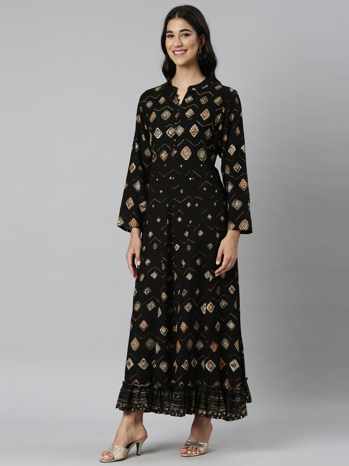 Neerus Black Casual Maxi Ethnic Motifs Dresses