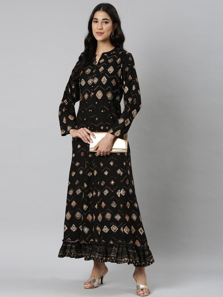Neerus Black Casual Maxi Ethnic Motifs Dresses
