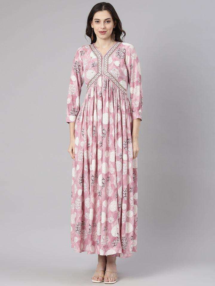 Neerus Lavender Casual Maxi Geometric Dresses