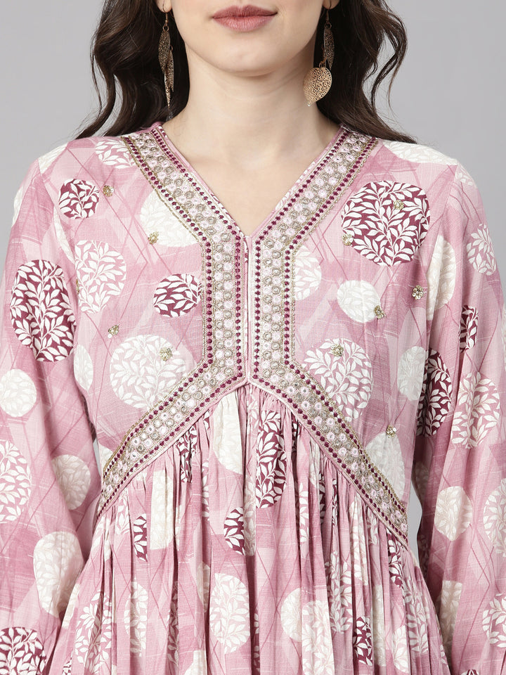 Neerus Lavender Casual Maxi Geometric Dresses