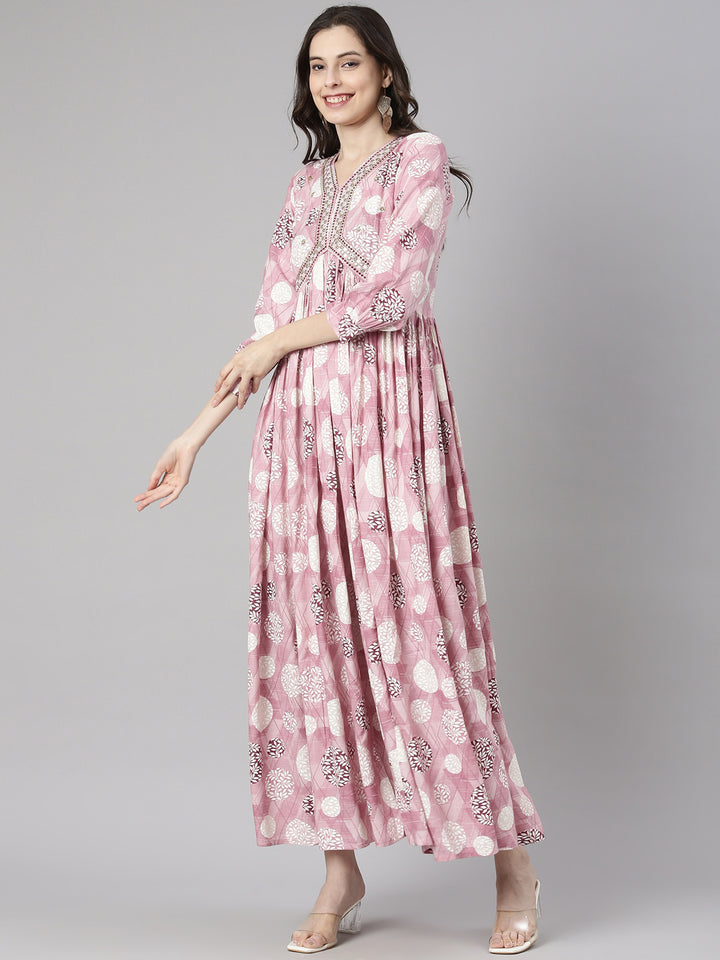 Neerus Lavender Casual Maxi Geometric Dresses