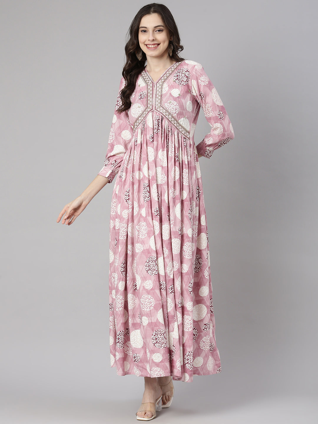Neerus Lavender Casual Maxi Geometric Dresses