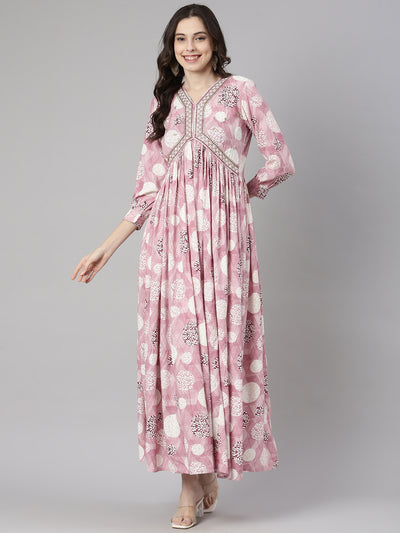 Neerus Lavender Casual Maxi Geometric Dresses