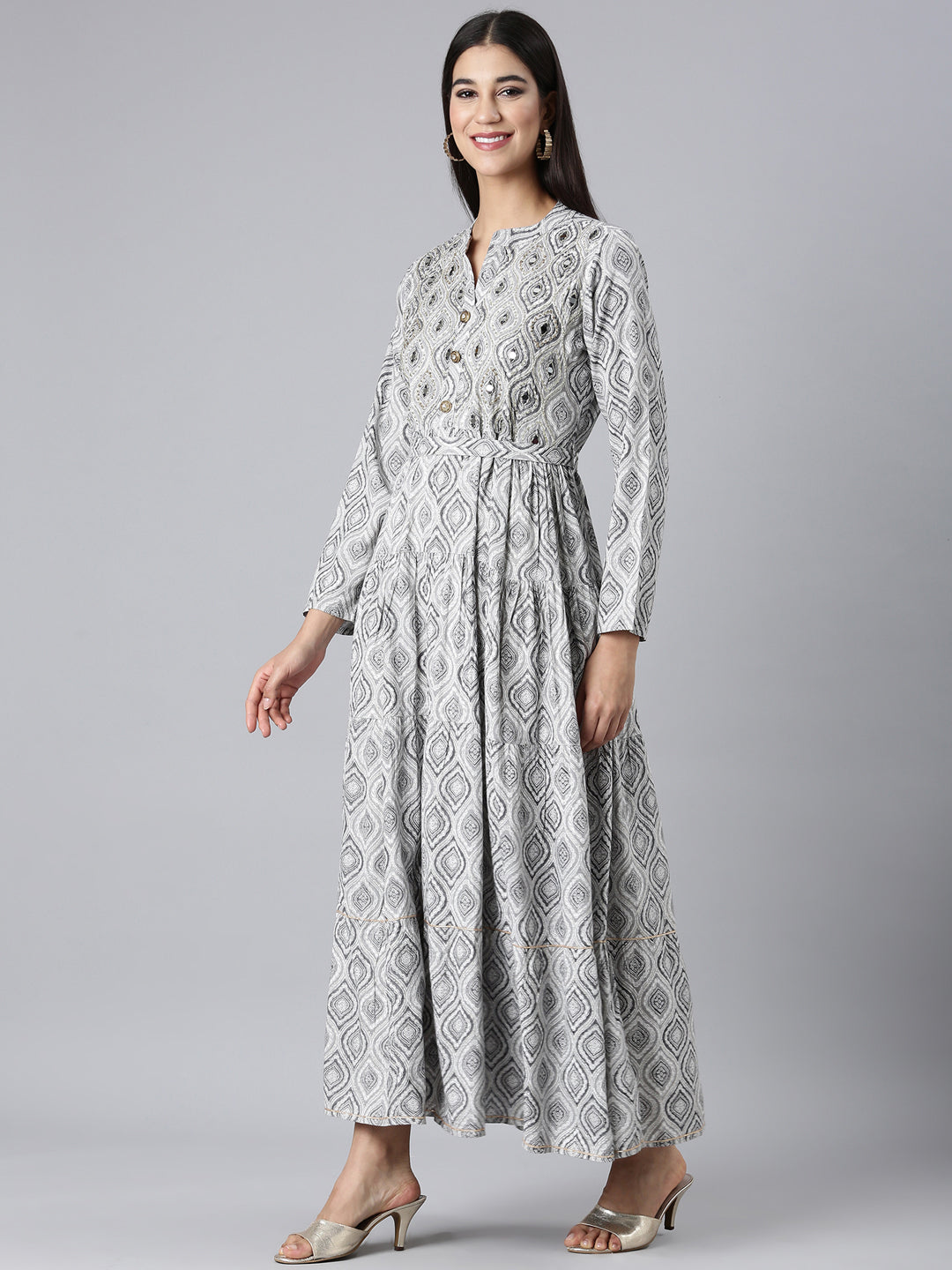 Neerus Grey Paisley Printed Cotton Maxi Dress for Casual Daily Wear Women – Neerus India