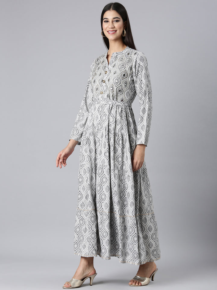 Neerus Grey Casual Paisley Maxi Dresses