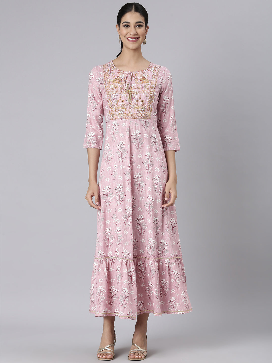 Neerus Pink Casual Maxi Floral Dresses