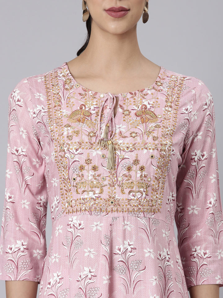 Neerus Pink Casual Maxi Floral Dresses