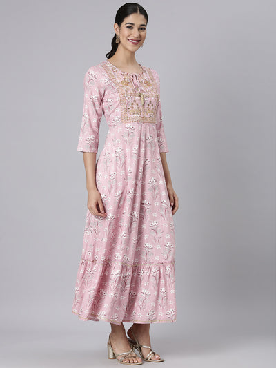 Neerus Pink Casual Maxi Floral Dresses