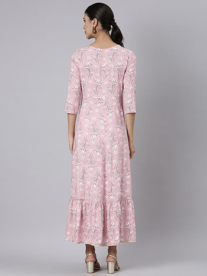 Neerus Pink Casual Maxi Floral Dresses